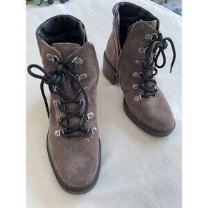 Lucky Brand Brown Suede Leather Lace-Up Ankle Boots 5M Side Zipper & Block Heel